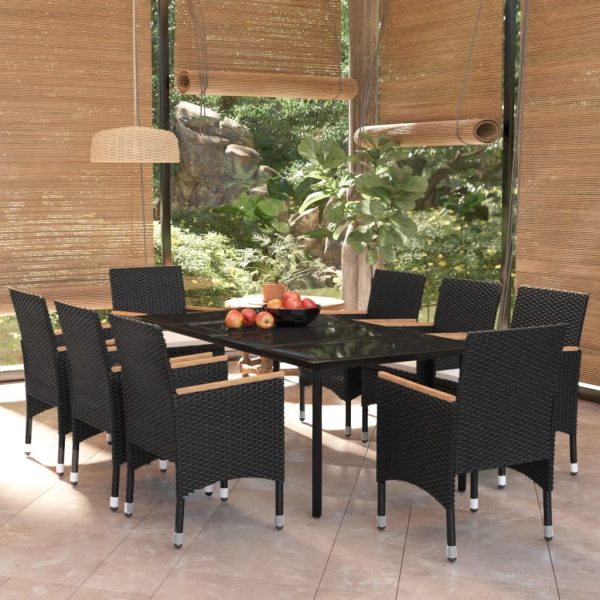9 pcs conjunto de jantar para jardim c/ almofadões preto