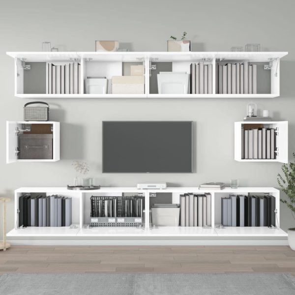 6 pcs conjunto móveis de TV madeira processada branco brilhante - Image 3