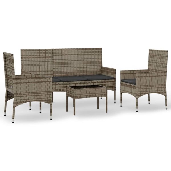4 pcs conjunto lounge de jardim c/ almofadões vime PE cinzento - Image 2