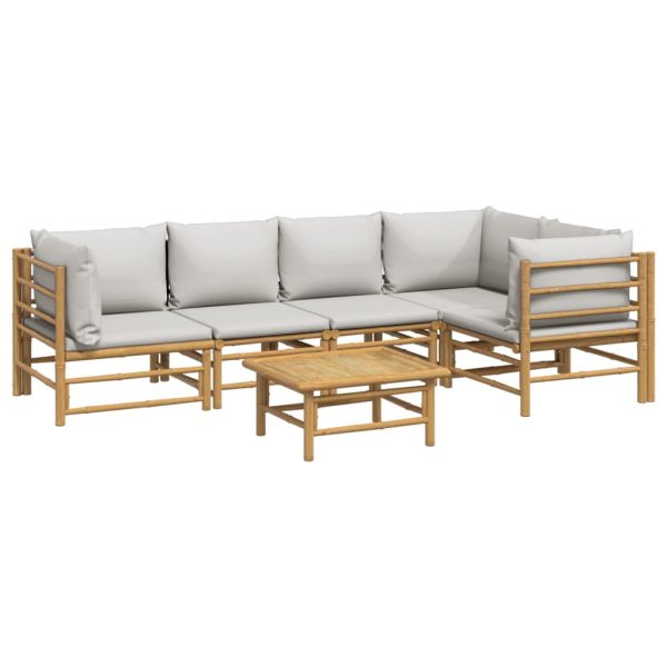 6 pcs conj. lounge de jardim bambu c/ almofadões cinzento-claro - Image 3