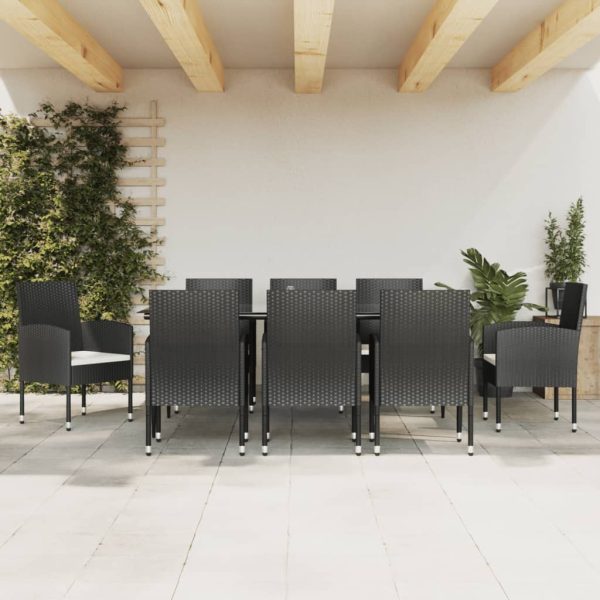 9 pcs conjunto de jantar para jardim vime PE e aço preto