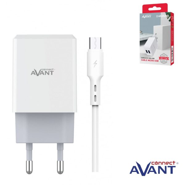 CARGADOR AVANT USB 2.4A - 2 PUERTOS + CABLE MICRO USB BLANCO