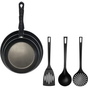 JUEGO DE SARTENES (18CM + 22CM + 26CM)CON 3PZS UTENSILIOS ALUMINIO PRENSADO IND AZUL MATE LAND LEVANTE