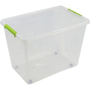 CAJA TRANPARENTE CON CUBIERTA, RUEDAS Y DE CIERRE POR ENGANCHE 585X390X H 410 MM