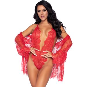 LEG AVENUE - BOY FLORAL LACE TEDDY & ROBE - ROJO