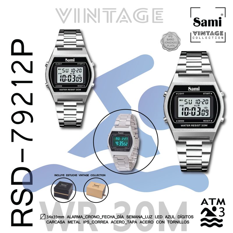 RELOJ SAMI VINTAGE LCD WR30M PLATEADO IPS CORREA ACERO - Image 2