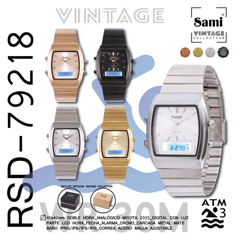 RELOJ SAMI VINTAGE DOBLE HORA METAL WR30M CORREA M. - Image 2