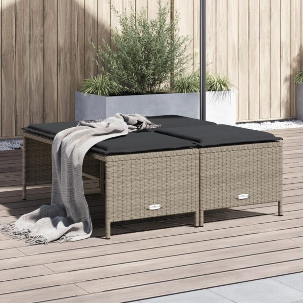 Bancos de jardim com almofadões 4 pcs vime PE cinzento-claro