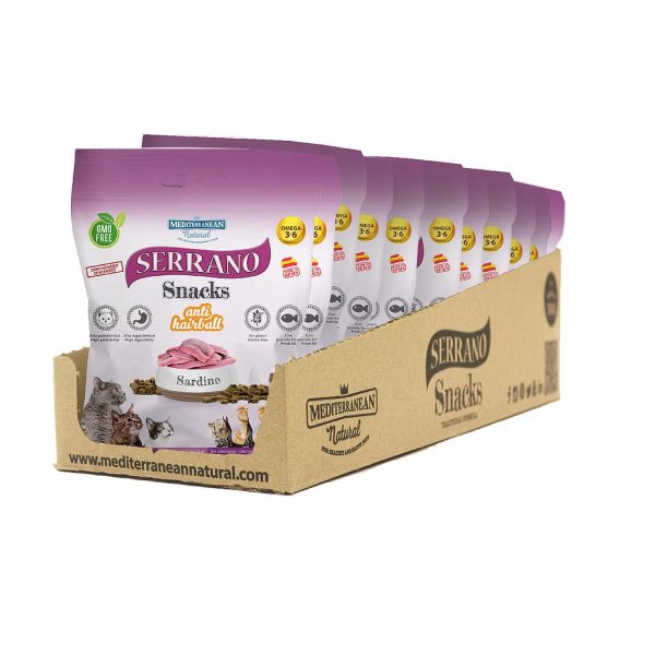 MDT SERRANO SNACK GATOS SARDINA Y ANTI HAIRBALL 50 gr (12 UNI)