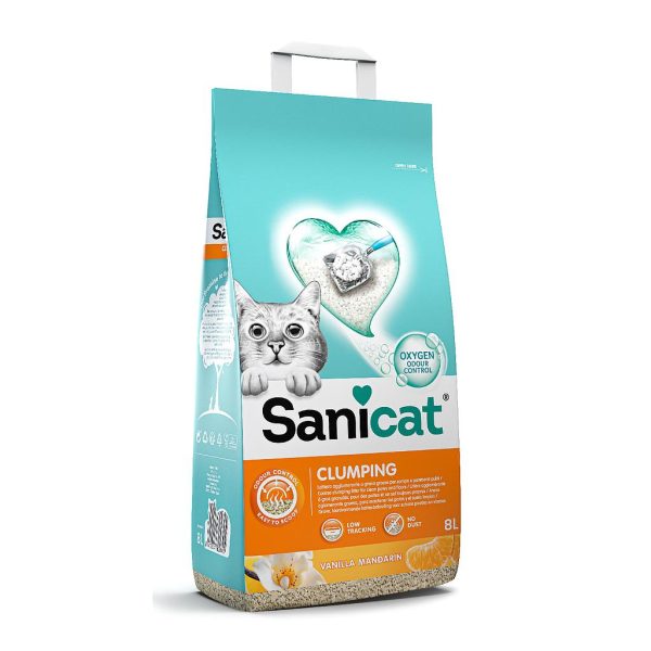 SANICAT BENTONITA AGLOMERANTE CLUMPING AROMA DUO VAINILLA Y MANDARINA 8 LTS