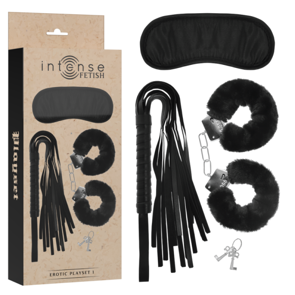 INTENSE FETISH  - PLAYSET ERÓTICO 1 COM ALGEMAS, MÁSCARA CEGA E FLOGGER