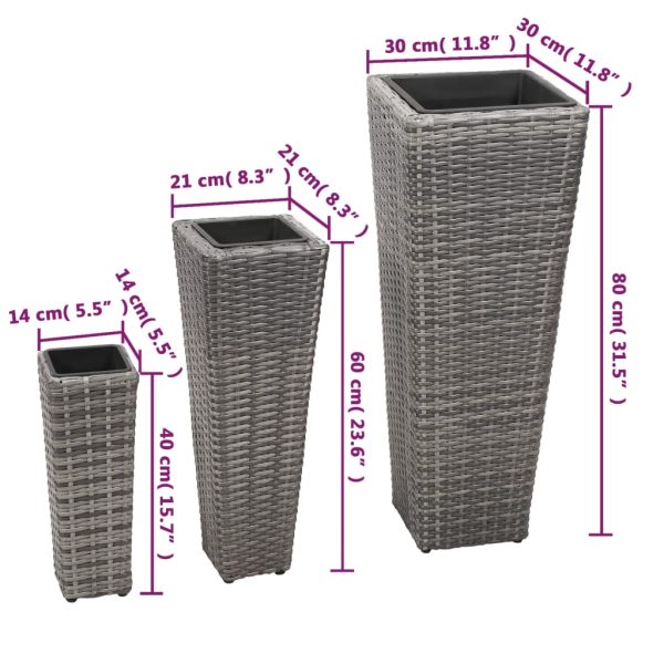 Vasos/floreiras de jardim elevados 3 pcs vime PE cinzento - Image 8