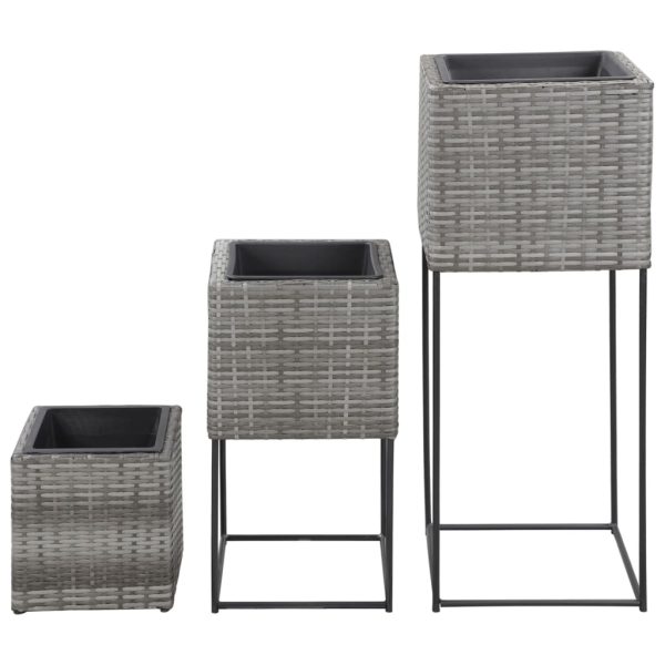 Vasos para jardim elevados 3 pcs vime PE cinzento - Image 2