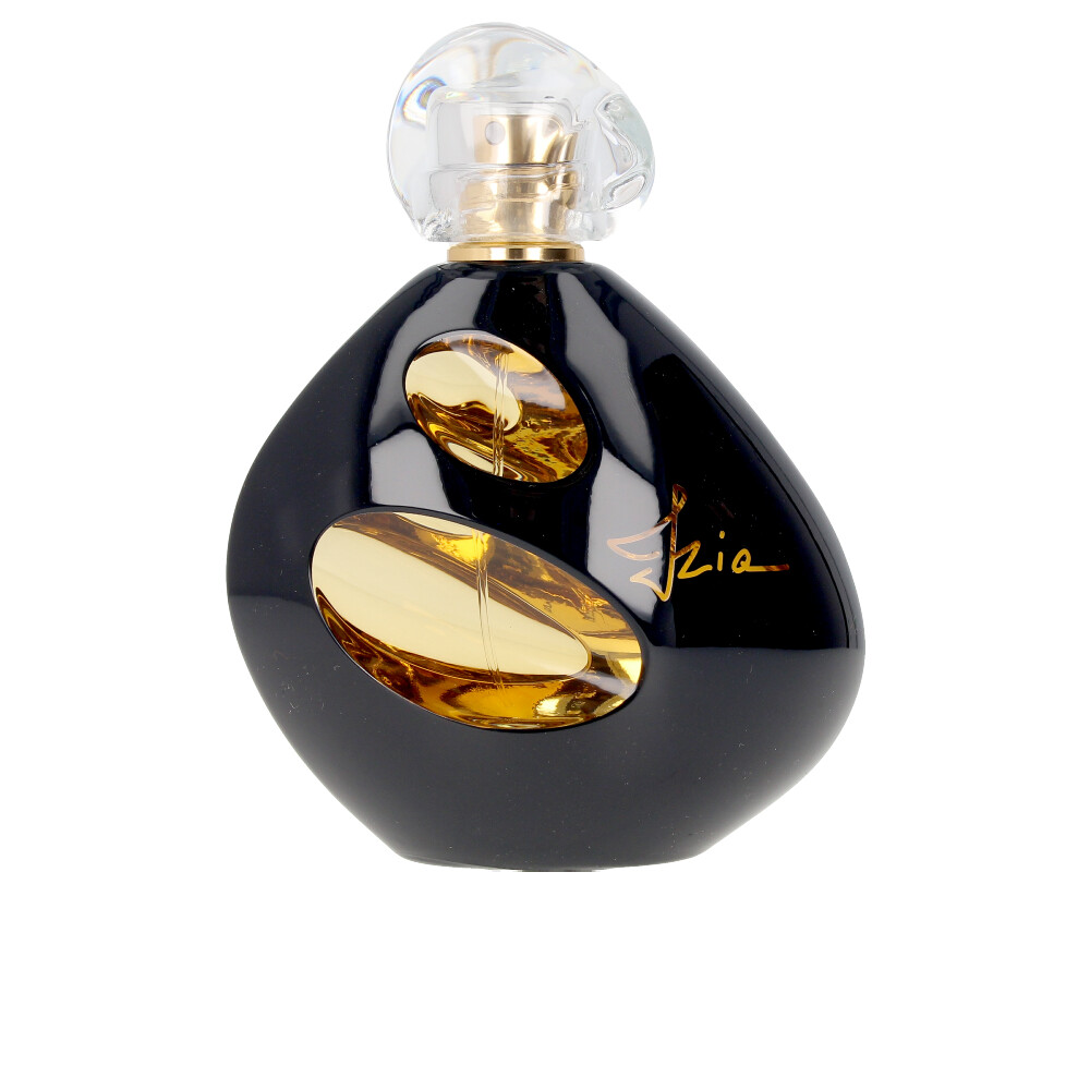 Frasco elegante de Izia La Nuit 100 ml da Sisley, em vidro preto com detalhes dourados e tampa transparente.