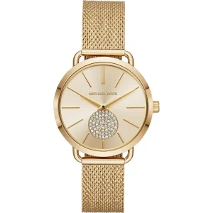 Relógio Michael Kors Portia MK3844 com mostrador dourado e bracelete mesh em aço inox