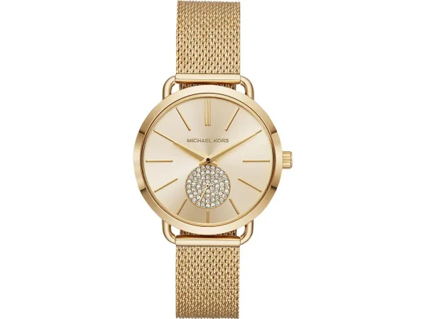 Relógio Michael Kors Portia MK3844 com mostrador dourado e bracelete mesh em aço inox