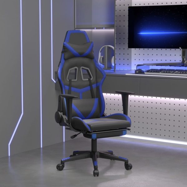 Cadeira gaming c/ apoio para pés couro artificial preto e azul - Image 2