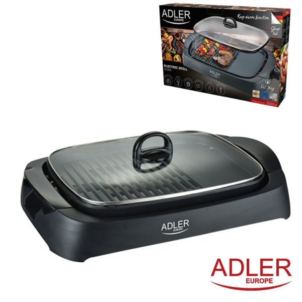 PLANCHA DE ASAR ADLER 3000W CON TAPA DE CRISTAL + ESPATULA