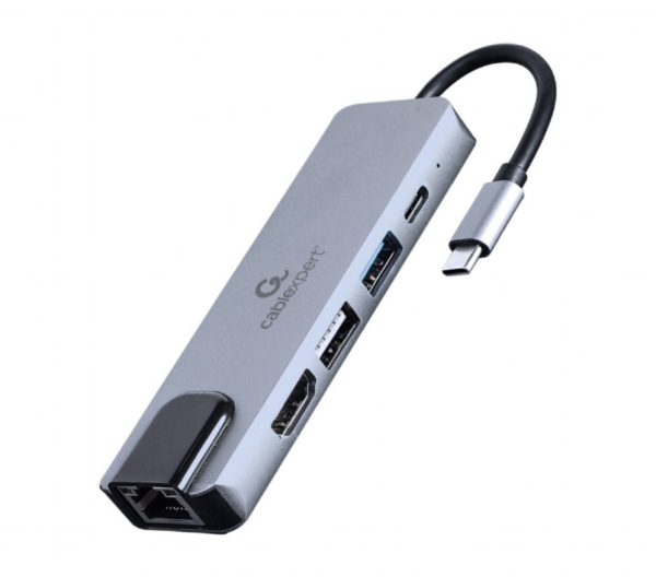 Gembird Adaptador USB-C 5-in-1 (Hub + HDMI + PD + LAN) Prateado