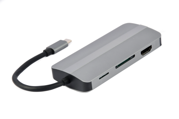 Gembird Adaptador USB-C 8-in-1 (Hub + HDMI + VGA + PD + Leitor de Cartões + Stereo Audio) Prateado