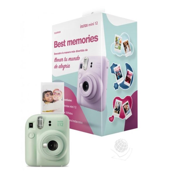 Kit camara fujifilm mini instax 12 color verde menta + papel 10 fotos + 3 portara retratos