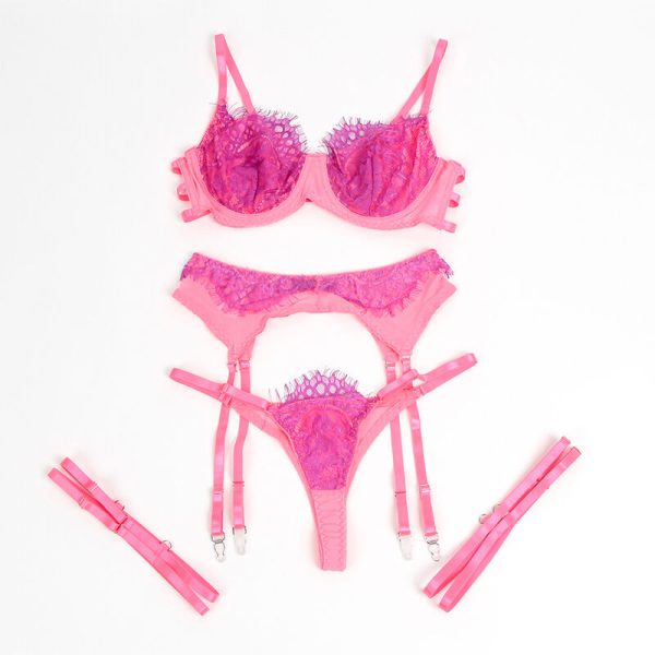 SUBBLIME - 955366 CONJUNTO DE SUTIÃ COM RENDA E LIGAS ROSA E ROXO L/XL - Image 8