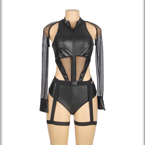 4XL-5XL DISFRAZ SEXY DE DIABLO DE CUERO DE MANGA LARGA CON CREMALLERA FRONTAL NEGRA - Image 4