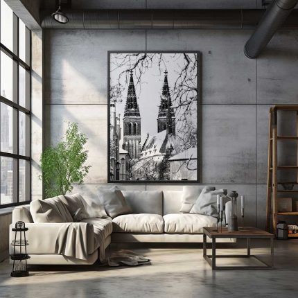 Prague's Winter Spires: The Vyšehrad Cathedral in Black and White Fine Art Poster