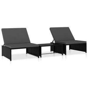 Espreguiçadeiras com mesa 2 pcs vime PE preto