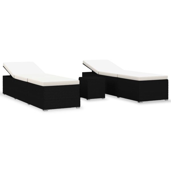 3 pcs espreguiçadeiras jardim c/ mesa de centro vime PE preto - Image 2