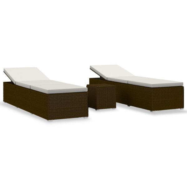 3 pcs espreguiçadeiras jardim c/ mesa centro vime PE castanho - Image 2