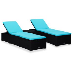 3 pcs espreguiçadeiras jardim c/ mesa de centro vime PE preto