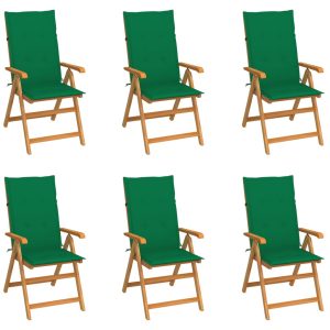 Cadeiras de jardim c/ almofadões verdes 6 pcs teca maciça