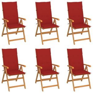 Cadeiras de jardim c/ almofadões vermelhos 6 pcs teca maciça