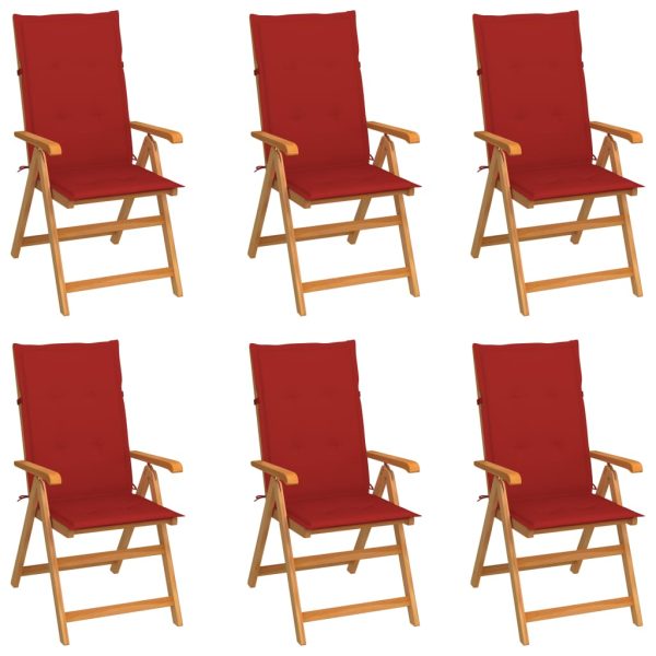Cadeiras de jardim c/ almofadões vermelhos 6 pcs teca maciça