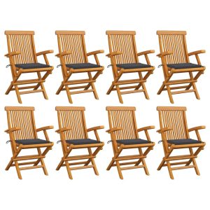 Cadeiras de jardim c/ almofadões antracite 8 pcs teca maciça
