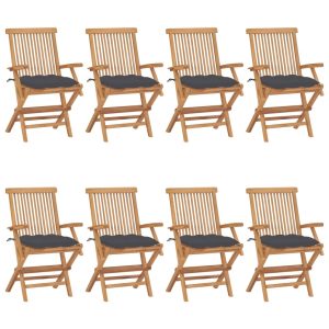 Cadeiras de jardim c/ almofadões antracite 8 pcs teca maciça