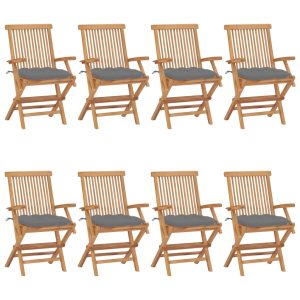 Cadeiras de jardim c/ almofadões cinzentos 8 pcs teca maciça