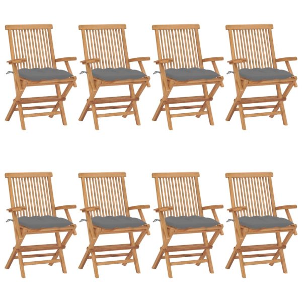 Cadeiras de jardim c/ almofadões cinzentos 8 pcs teca maciça