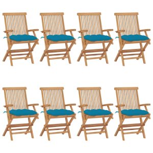 Cadeiras de jardim c/ almofadões azuis-claros 8 pcs teca maciça