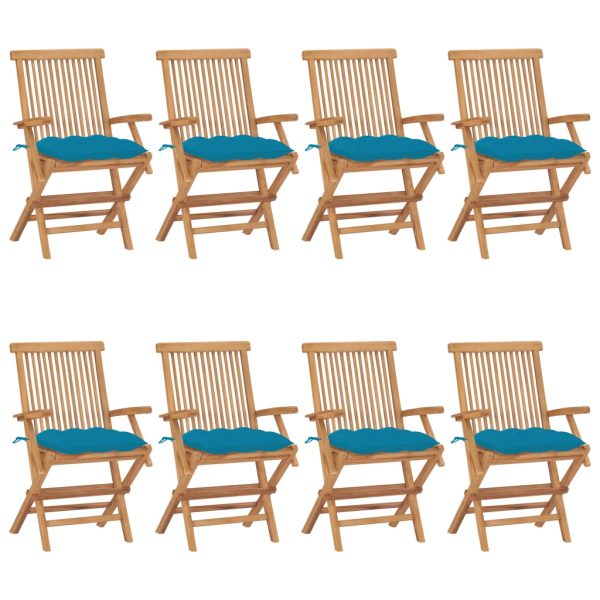 Cadeiras de jardim c/ almofadões azuis-claros 8 pcs teca maciça