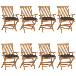 Cadeiras de jardim c/ almofadões cinza-acast. 8 pcs teca maciça