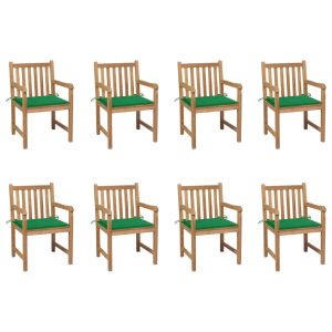 Cadeiras de jardim c/ almofadões verde 8 pcs teca maciça
