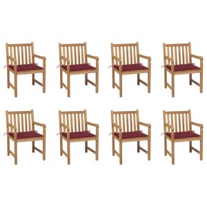 Cadeiras de jardim almofadões vermelho tinto 8 pcs teca maciça