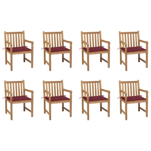 Cadeiras de jardim almofadões vermelho tinto 8 pcs teca maciça