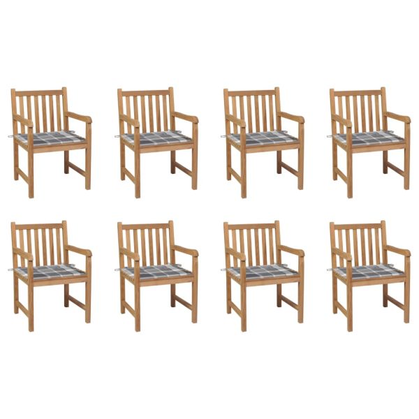 Cadeiras de jardim almofadões xadrez cinzento 8 pcs teca maciça
