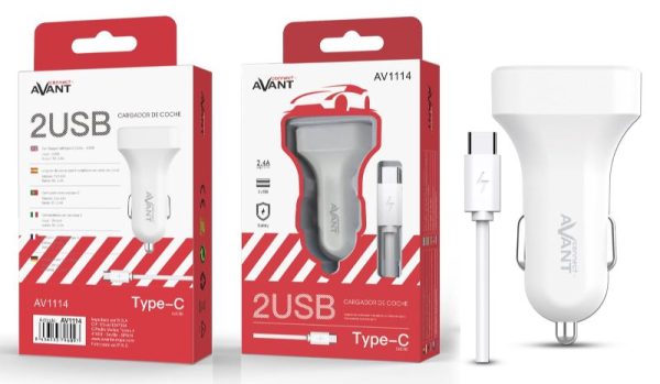 CARGADOR AVANT DE COCHE 2.4A 2PUERTOS + CABLE TIPO C BLANCO - Image 2