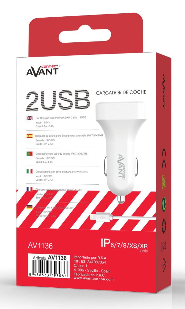 CARGADOR AVANT DE COCHE 2.4A 2PUERTOS + CABLE LIGHTNING - Image 3