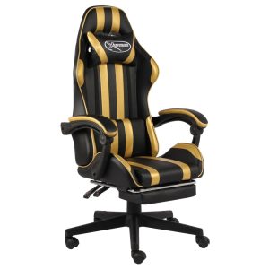 Cadeira estilo corrida c/ apoio pés couro artif. preto/dourado