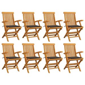 Cadeiras de jardim c/ almofadões cinza-acast. 8 pcs teca maciça
